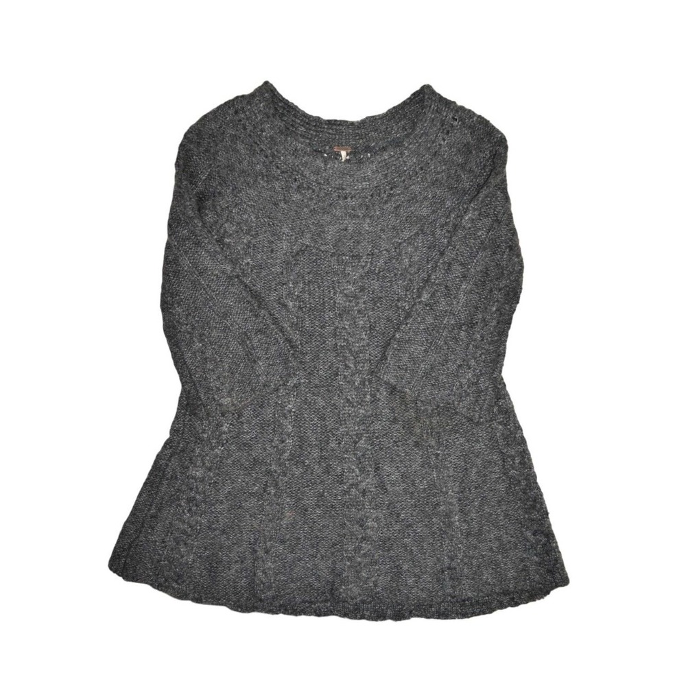 Free People Sweater Womens Small Grey Wool Blend Cable Knit Flared 3/4 Sleeve